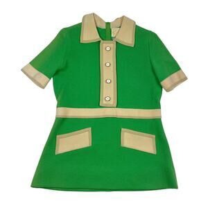 Vintage 50s 60s Green Tan Wool Short Knit Dress Designer Italy Francis X Size 14
